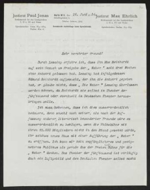 Brief von Paul Jonas an Gerhart Hauptmann
