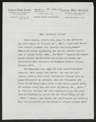 Brief von Paul Jonas an Gerhart Hauptmann
