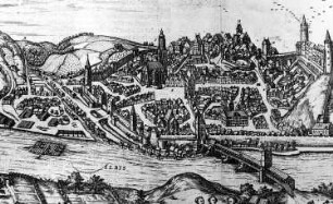 Meißen. Stadtansicht mit Walke links vom Brückenturm, Ausschnitt, 1575
