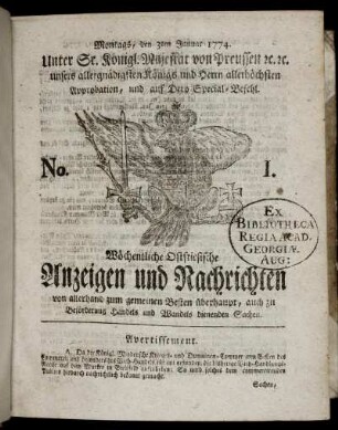 No. 1. Montags, den 3ten Januar 1774