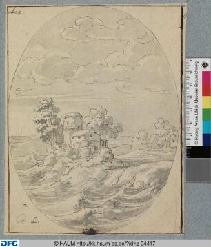 Emblem: Kleine Burg auf einem Felsen im Meer