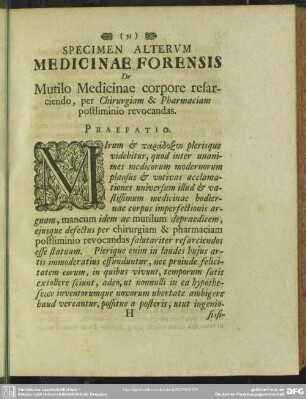 Specimen Alterum Medicinae Forensis De Mutilo Medicinae corpore resarciendo, per Chirurgiam & Pharmaciam postliminio revocandas