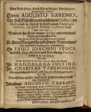 Dem Woll-Edlen [...] Herren Augusto Varenio [...] Fr. Anna Margaretha gebohrnen Vareninnen [...] Hn. Pauli Joachimi Stockmanni [...]