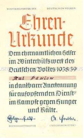 Ehrenurkunde für die ehrenamtliche Helferin des Winterhilfswerkes Rut Pawlow