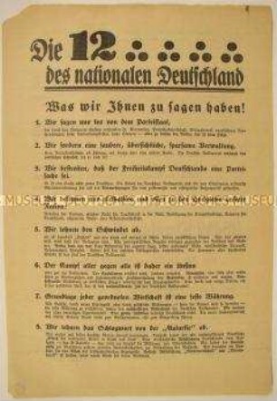 Programmatischer Wahlaufruf mit 12 Standpunkten der Deutschen Volkspartei