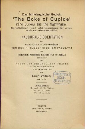 Das mittelenglische Gedicht 'The Boke of Cupide' ('The Cuckow and the Nyghtyngale') : ein textkritischer Versuch nebst Untersuchungen über Versbau, Sprache und Verfasser des Gedichts