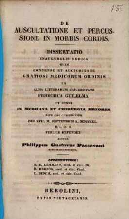 De auscultatione et percussione in morbis cordis : Dissertatio Inauguralis Medica
