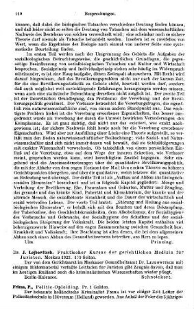 110, J. Lejbowitsch. Praktischer Kurs der gerichtlichen Medizin für Juristen. 1923