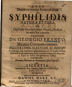 Dissertationem Inauguralem De Syphilidis Natura Et Cura