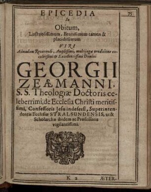 Epicedia In Obitum ... Georgii Zeaemanni ...