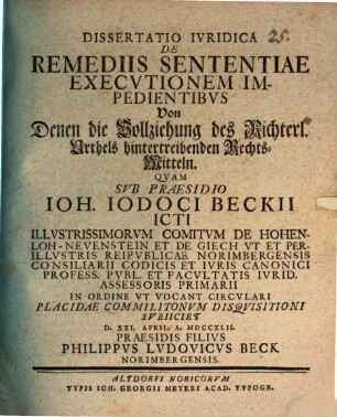 Dissertatio Ivridica De Remediis Sententiae Executionem Impedientibus
