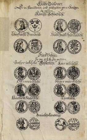 Demnach man sich bey diesem von der dreyen im Müntzwesen correspondirenden Löbl. Fränck- Bayer- und Schwäbischen Craysen wegen, in des Heil. Reichs Stadt Nürnberg abermals angestellten Müntz-Probations-Convent, Krafft des den 15. Junii 1676. ... Käyserl. Edicts, so wol auch des den 11. 21. Junii ... 1677. Jahrs in des H. Reichs Stadt Augspurg abgefasten Müntz-Recesses, welche biß dahero wegen des passirten leidigen Kriegs-Wesens ausser Execution verbleiben müssen; zu der einstiger wieder erhebung des zerrütten Müntzwesens, bey zumahlen wieder erlangten lieben Frieden, bemüssiget befunden, einige ringhältige gantz und halbe Guldner, ... dergestalt abzuwürdigen, daß sie biß auf den 1. May des bald hoffenden 1680. Jahrs zwar in bisherigen Valor verbleiben: Alsdenn aber den abgesetzten Preiß gelten, ...