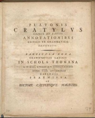 9: Platonis Cratylvs Graece Et Latine Annotationibvs Criticis Et Grammaticis Illvstratvs. Particvla Nona