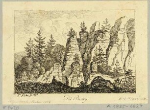 Die Bastei in der Sächsischen Schweiz, Blick auf das Neurathener Felsentor ohne Brücke und Stege, mit alten Festungsrelikten (gemauerte Stützen), Blick nach Osten