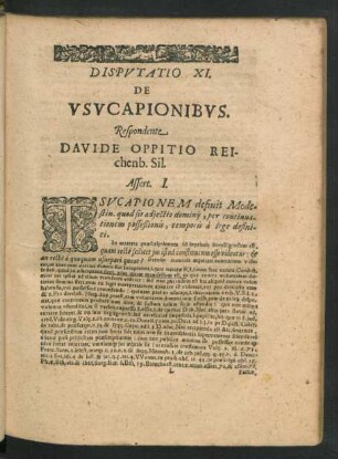 Disputatio XI. De Usucapionibus.Respondente Davide Oppitio