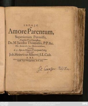 ... de Amore Parentum, Superiorum Permissu