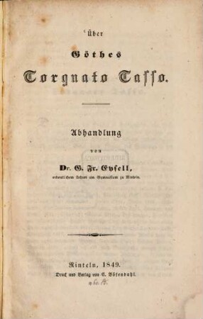 Über Göthes Torquato Tasso : Abhandlung