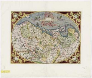 Karte von den Niederlande und Teilen Belgiens, 1:1 300 000, Kupferstich, 1570 : Descriptio Germaniae Inferioris : Cum privilegio. - [Ca. 1:1 300 000]. - [Antverpiae] : [van Diest] , [1570]. - 1 Kt. : Kupferst. ; 51 x 38 cm. Mit lat. Erläuterungstext auf der Rücks. u.d.T.: Germania Inferior. - Auch enth. in: Theatrum Orbis Terrarum / Ortelius, Abraham. - Mit Blattzählung auf der Rücks.: 32. - Maßstab in graph. Form (Milliaria Germanica, Magna, Communia). - NW oben. - Ohne Kt.-Netz. - Titelkartusche oben Mitte, Maßstabskartusche unten links. - Kt. in ovaler Form