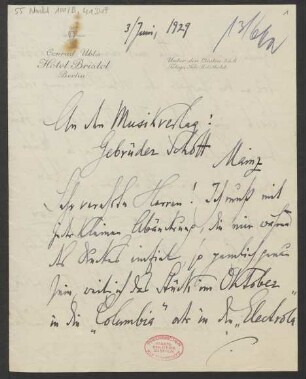 Brief an B. Schott's Söhne : 03.06.1929