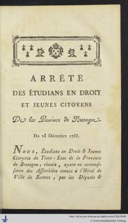 Arrêté Des Etudians En Droit Et Jeunes Citoyens De la Province de Bretagne.