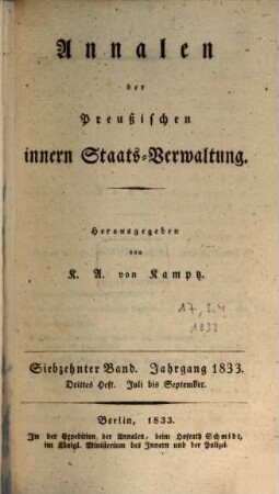 Annalen der preußischen innern Staats-Verwaltung. 17, 3/4. 1833