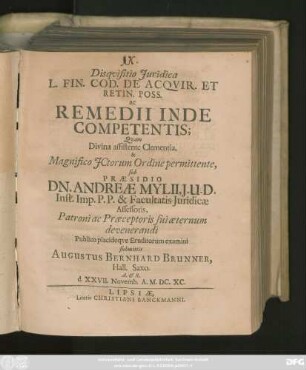 Disquisitio Iuridica L. Fin. Cod. De Acquir. Et Retin. Poss. ac Remedii Inde Competentis