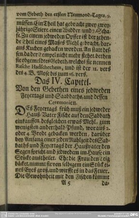 Das IV. Capitel. Von den Gebethen eines jedweden Feyertags und Saabbaths, und dessen Ceremonien