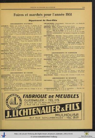 Foires et marchés pour l’année 1951.