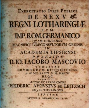 Exercitatio iuris publici de nexu regni Lotharingiae cum Imp. Rom. Germanico