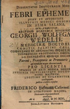 Dissertatio Inavgvralis Medica De Febri Ephemera