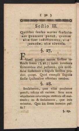 Sectio III. Quilibet sensus varias sensationes generare potest, quarum aliae sunt indifferentes, aliae jucundae, aliae adversae.