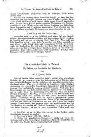 Die Askara-Krankheit im Talmud : ein Beitr. z. Gesch. d. Diphterie / von J. Preuss