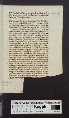 Titi Vespasiani Strozce̜ oratio ad Sanctissimu[m] ac Beatissimum dominum nostrum dominum Innocentium Octauum Pont. Maximum