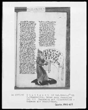 Jacob von Teramo, Belial und Johannes von Mandeville, Reise nach Jerusalem — Jean de Mandeville, Die Reise nach Jerusalem — Ein Grieche mit Schriftband, Folio 113verso