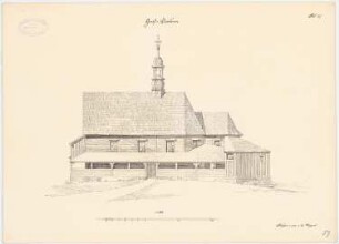 Holzkirche, Groß-Döbern: Seitenansicht 1:100 (aus: Die Holzkirchen und Holztürme der preußischen Ostprovinzen)
