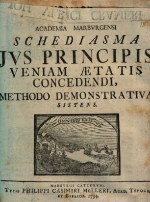 Joh. Ulrici Crameri ... Schediasma ius principis veniam aetatis concedendi, methodo demonstrativa sistens