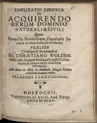 Disputatio Iuridica De Acquirendo Rerum Dominio Naturali & Civili