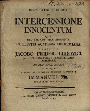 Disputatio Juridica [Iuridica] De Intercessione Innocentum