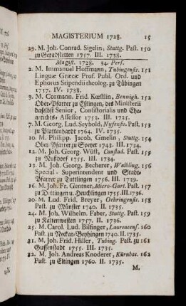 15-29, Magisterium 1728. 1729. 1730. 1730-1732, 1732. 1733. 1734. 1735. 1736. 1737. 1738. 1739.