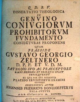 Dissertatio Theologica De Genvino Conivgiorvm Prohibitorvm Fvndamento Coniectvras Proponens