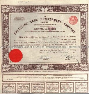 Inhaberaktie der Palestine Land Development Company Limited über 2 Aktien zu je 1 Pfund mit Kuponabschnitt