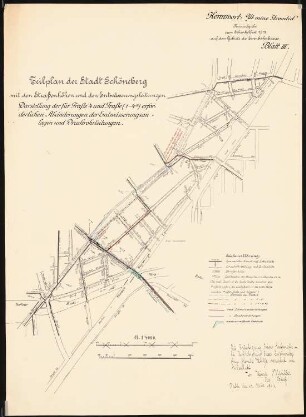 Städtische Tiefbahn [U-Bahn] zwischen Berlin und Schöneberg Schinkelwettbewerb 1912: Lageplan: Veränderungen der Kanalisationsanlagen und Druckrohrleitungen (Trasse 4) 1:4000
