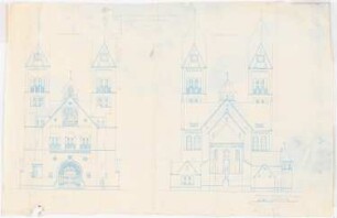 Dekanatskirche, Clerf (Clervaux): Vorder- und Choransicht 1:100