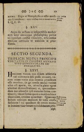 Sectio Secunda. Triplicis Motus Principii Veritatem In Corpore Humano Vivo Demonstrans Generaliter.
