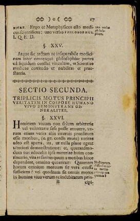 Sectio Secunda. Triplicis Motus Principii Veritatem In Corpore Humano Vivo Demonstrans Generaliter.