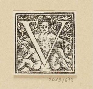 Buchstabe V mit drei Kindern, Initiale zu einem römischen Majuskel-Alphabet