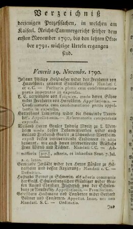 Verzeichniß derjenigen Prozeßsachen, in welchen am Kaiserl. Reichs-Cammergericht seither dem ersten November 1790, bis den letzten Oktober 1791. wichtige Urteln ergangen sind.