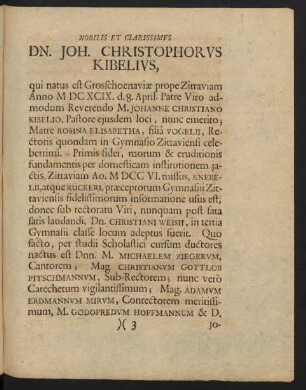 Nobilis Et Clarissimus Dn. Joh. Christophorus Kibelius, ...