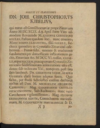 Nobilis Et Clarissimus Dn. Joh. Christophorus Kibelius, ...