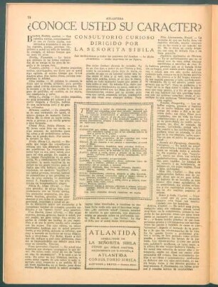 ¿Conoce usted su caracter? : Consultorio curioso dirigido por la Señorita Sibila